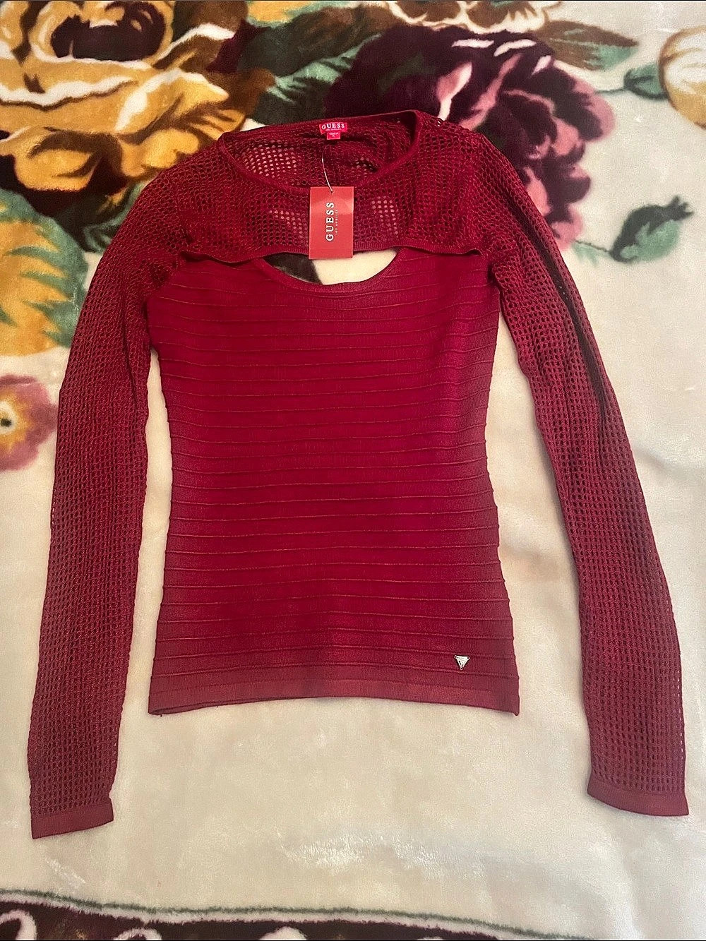 Guess Red Mesh Sleeve Sweater Size Small NWT